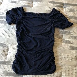 Long Tall Sally blue navy short sleeve square neck ruching top